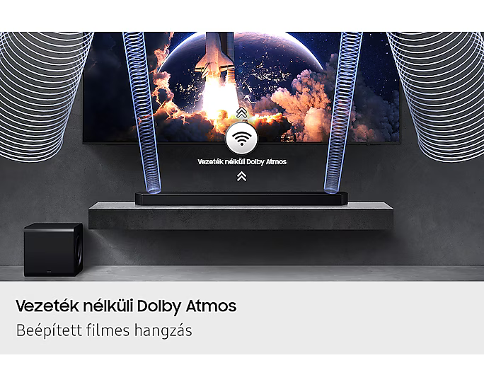 A soundbar a TV alatt van. Hanghullámok jönnek ki. A szöveg a Vezeték nélküli Dolby Atmos.