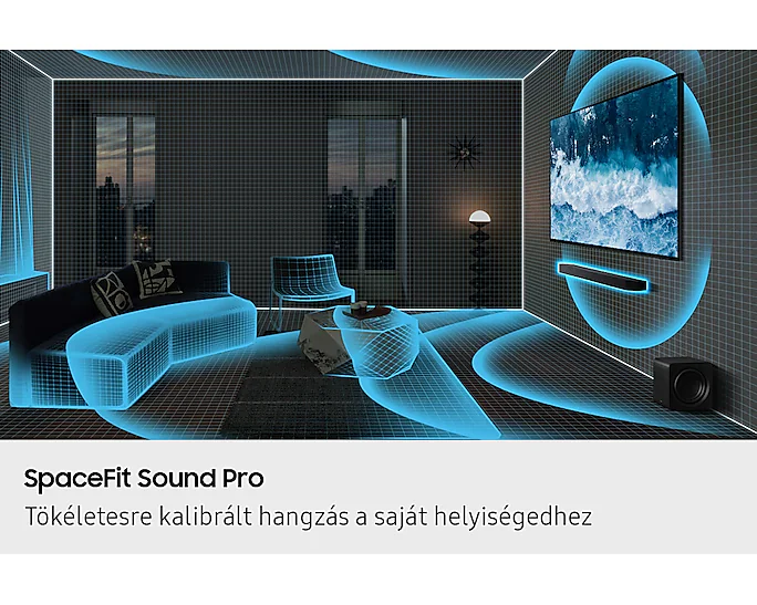 Soundbar és mélynyomó egy szobában. Kék vonalak illusztrálják a hangot. A szöveg a SpaceFit Sound Pro-t mondja.