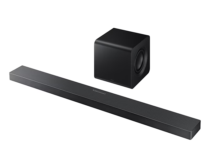 Fekete soundbar és mélynyomó szett fehér háttéren. Egyszerű és modern dizájn.