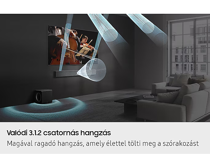 Soundbar és mélynyomó egy TV-vel, mely élő zenekart mutat. Hanghullámok, 3.1.2 hangzást szemléltet.
