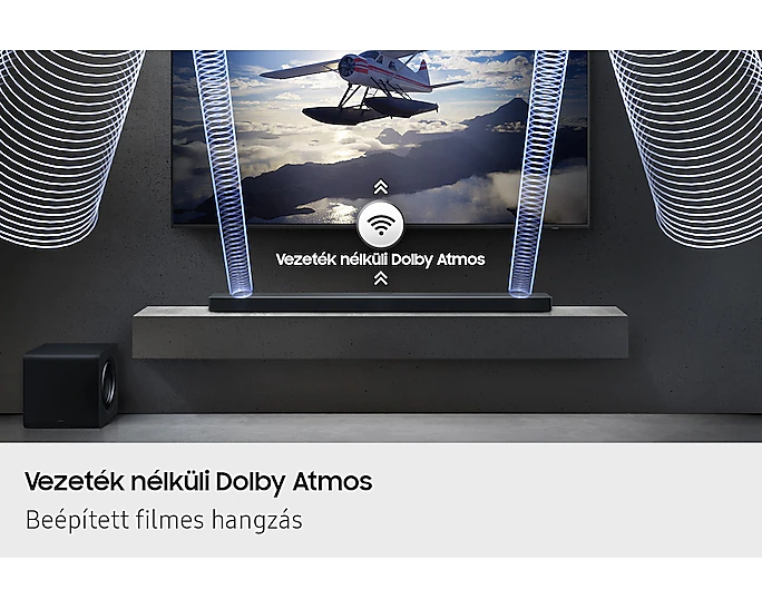 Soundbar és mélynyomó egy repülőt mutató TV-vel. Hanghullámok a vezeték nélküli Dolby Atmos-t szemléltetik.