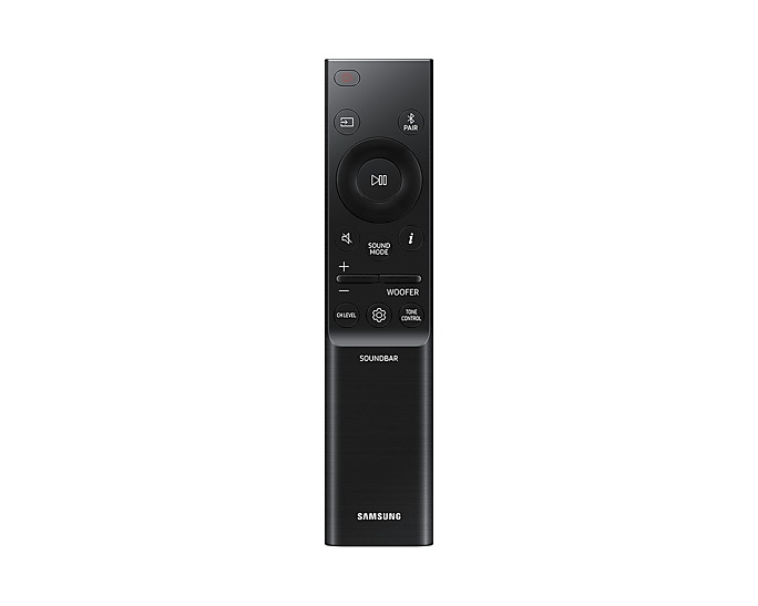 Fekete soundbar távirányító. Funkciók: bekapcsolás, hangerő, hangmód, mélynyomó, tónus.