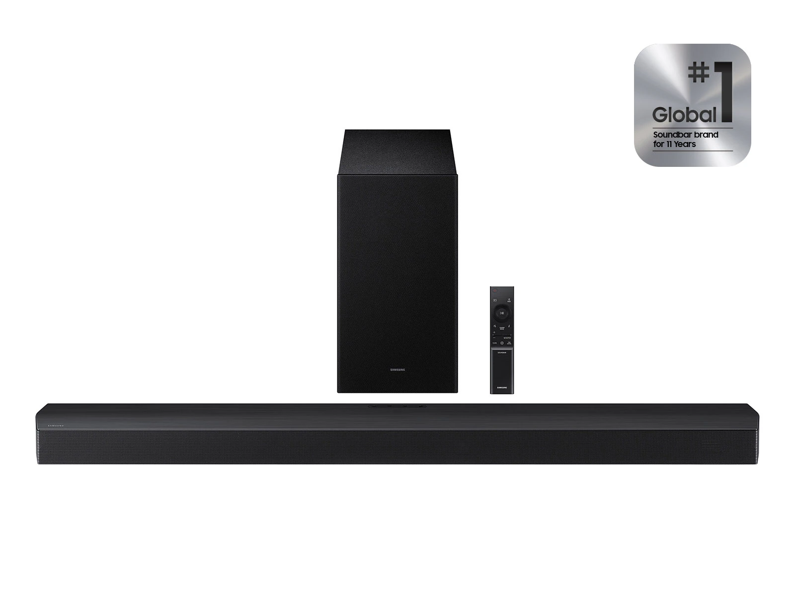Soundbar készlet jelvénnyel. Fekete soundbar és mélynyomó távirányítóval. Jelvény.