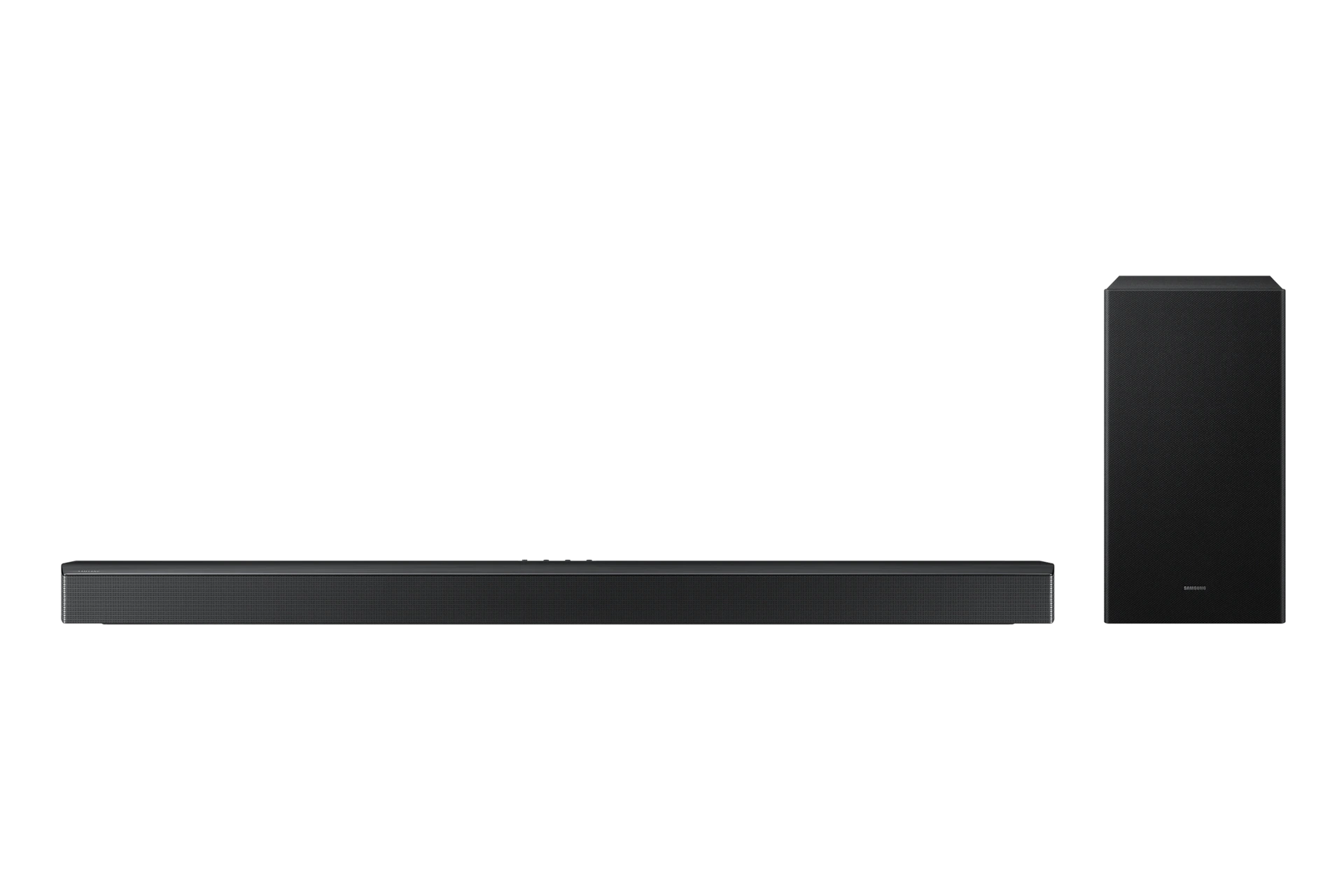 Fekete soundbar és mélynyomó fekete háttéren. A soundbar hosszú és téglalap alakú.