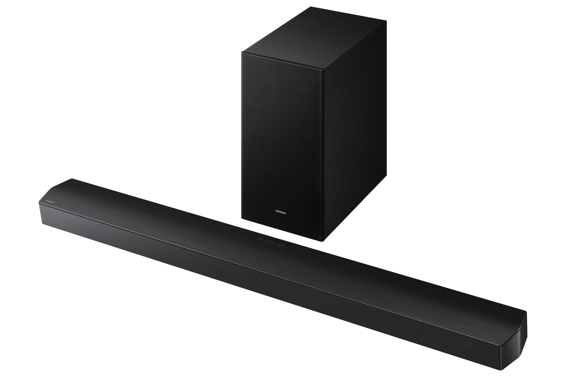 Fekete soundbar és mélynyomó szett fekete háttéren. A soundbar hosszú és szögletes.