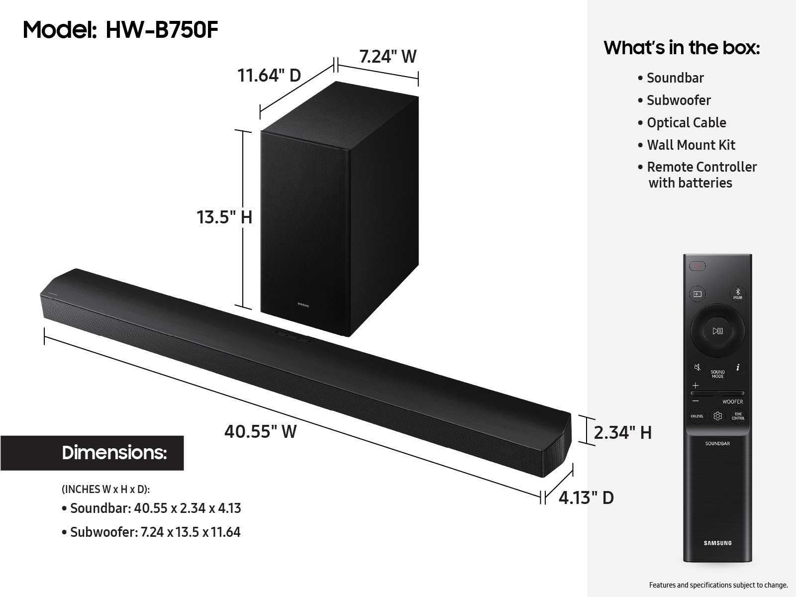 Soundbar, mélynyomó és távirányító diagramja. Méretek és a doboz tartalma.