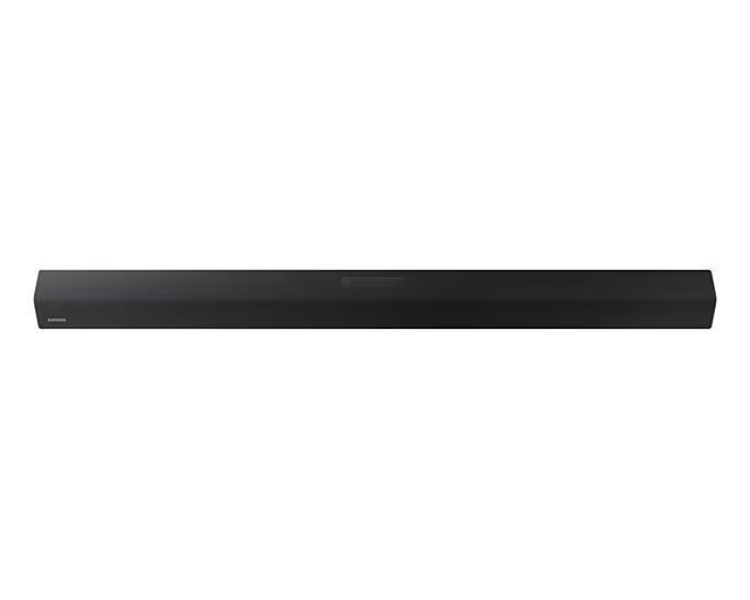 Fekete hangprojektor fehér háttéren. Szögletes nézet. Samsung logó látható.