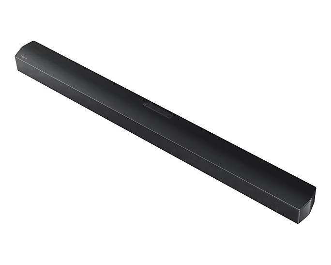Fekete hangprojektor fehér háttéren. Szögletes nézet. Samsung logó.