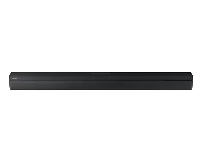 Fekete hangprojektor fehér háttéren. Szögletes nézet. Samsung logó látható.