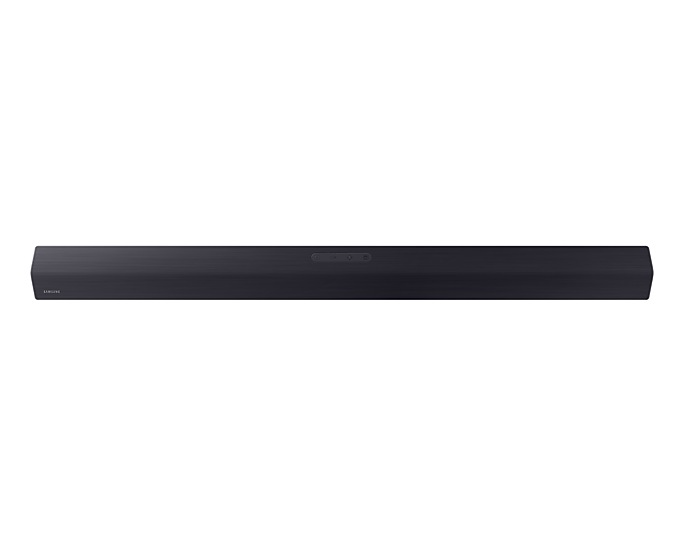 Fekete soundbar fehér háttéren. Lekerekített elülső éllel és vezérlőgombokkal rendelkezik.