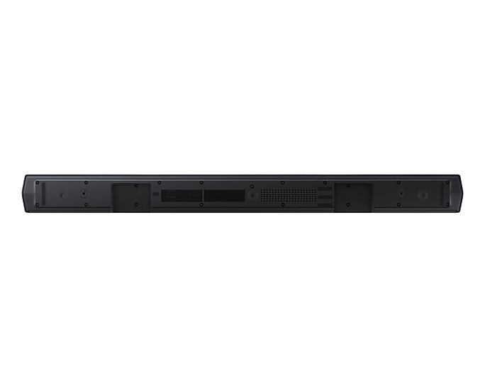 Fekete soundbar hátulnézete. Portokat és szellőzőnyílásokat mutat fehér háttéren.