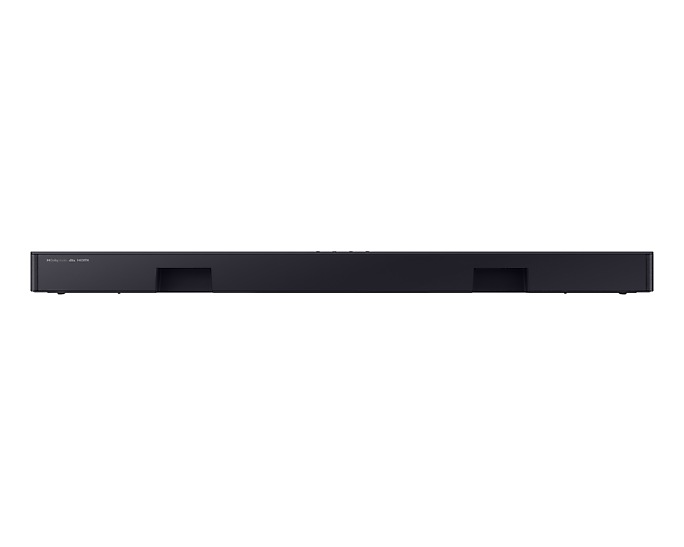 Fekete soundbar fehér háttéren. Két kivágása van.