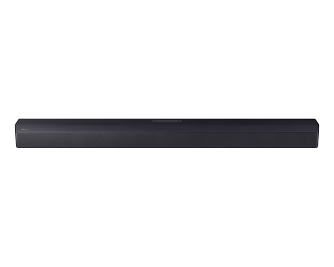 Fekete soundbar fehér háttéren. Lekerekített sarkokkal és vezérlőgombokkal.