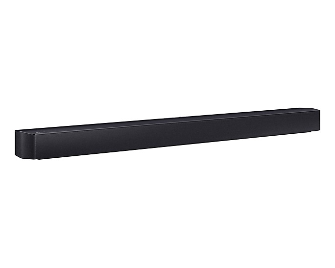 Fekete soundbar fehér háttéren. A dizájn egyszerű és téglalap alakú.
