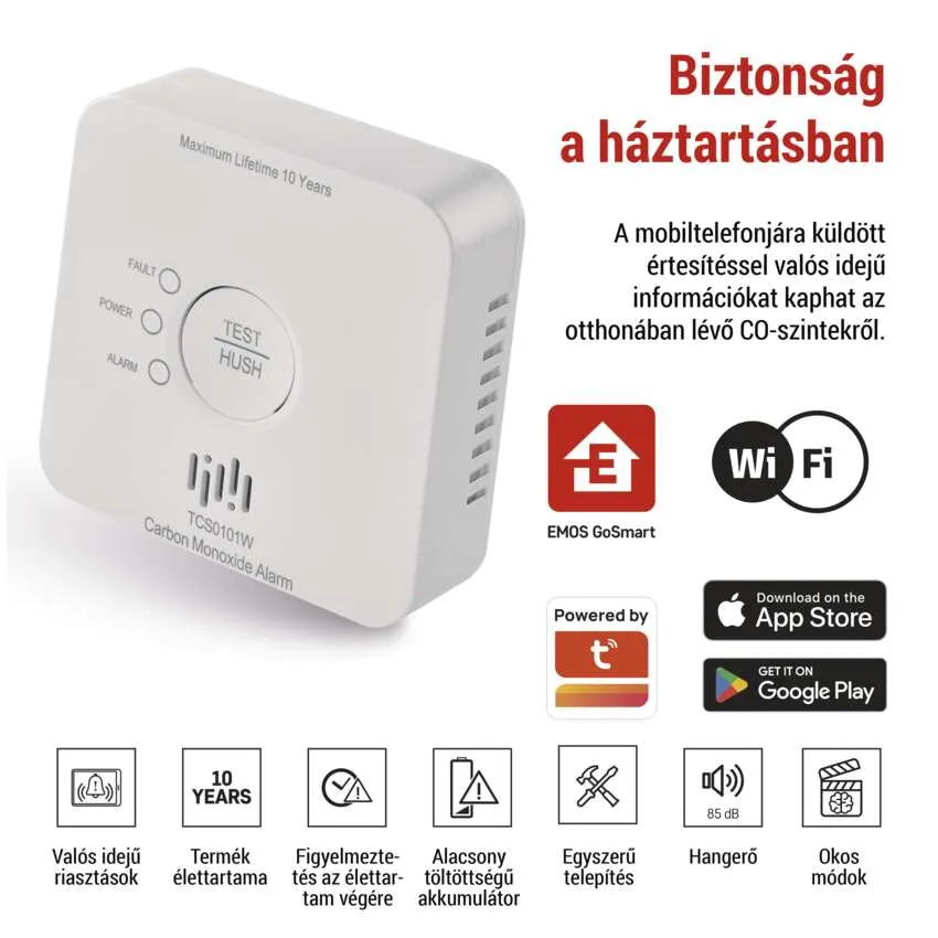 Kép szén-monoxid riasztóval és kapcsolódó alkalmazással, a biztonságról szóló szöveggel.