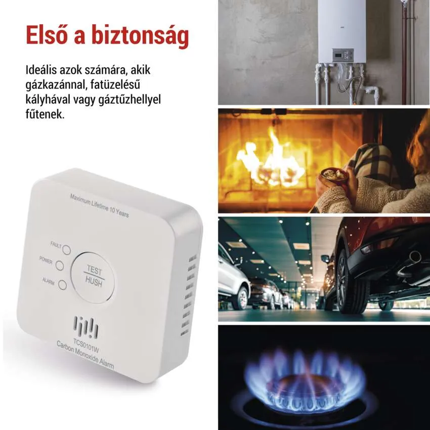 Fehér szén-monoxid riasztó kapcsolódó képekkel: kandalló, gáztűzhely, autó garázsban.