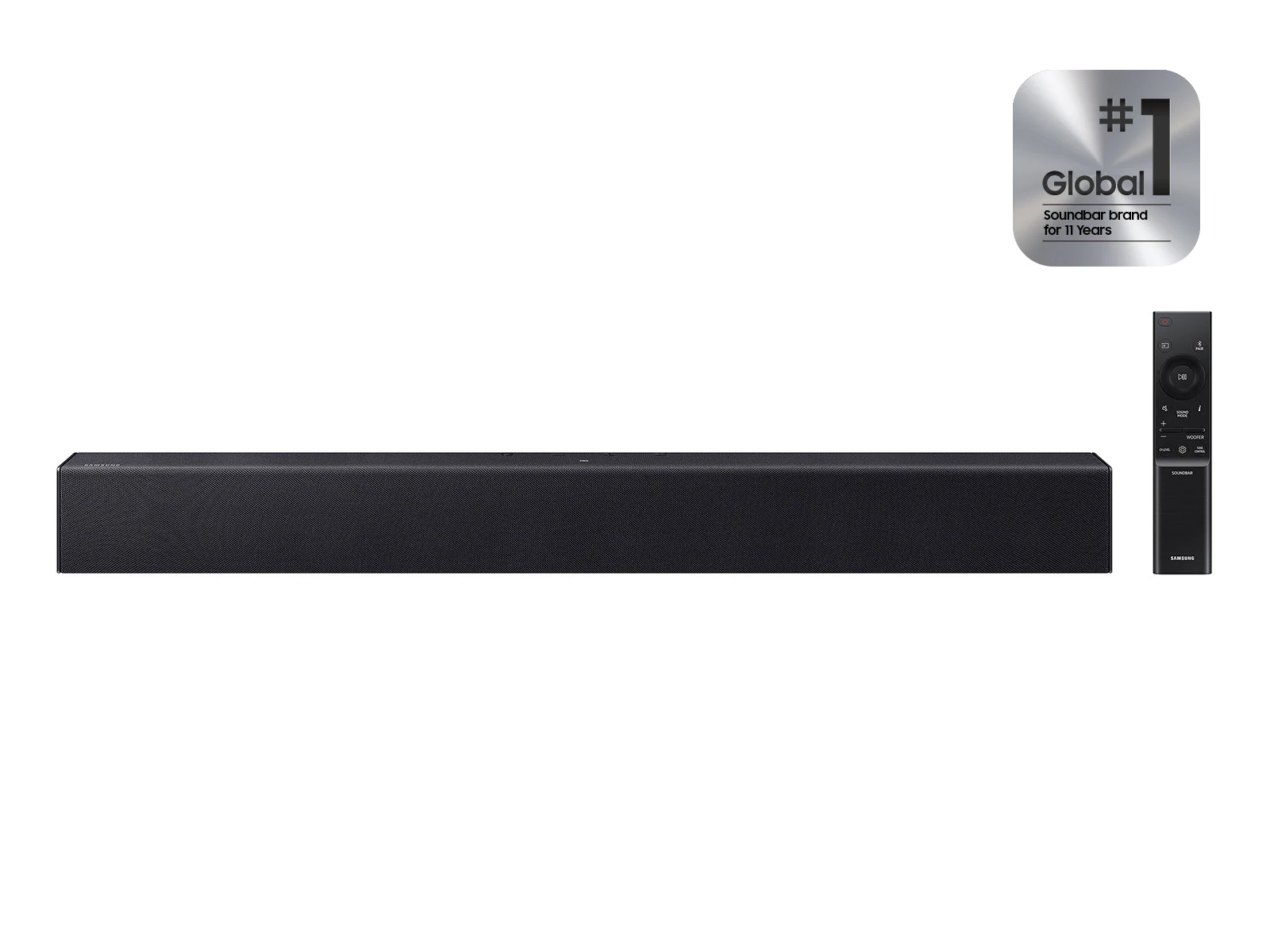 Fekete soundbar távirányítóval és logóval: #1 Globális soundbar márka 11 éve.