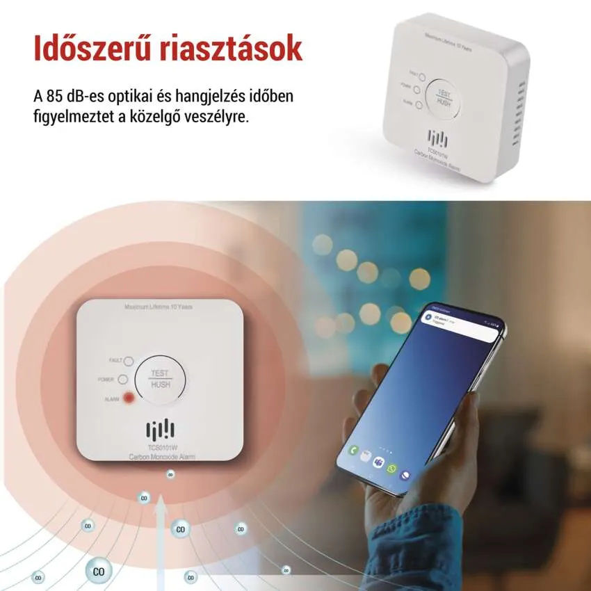 A kép szén-monoxid riasztót és telefont mutat. Időben történő figyelmeztetésekről szóló szöveg.
