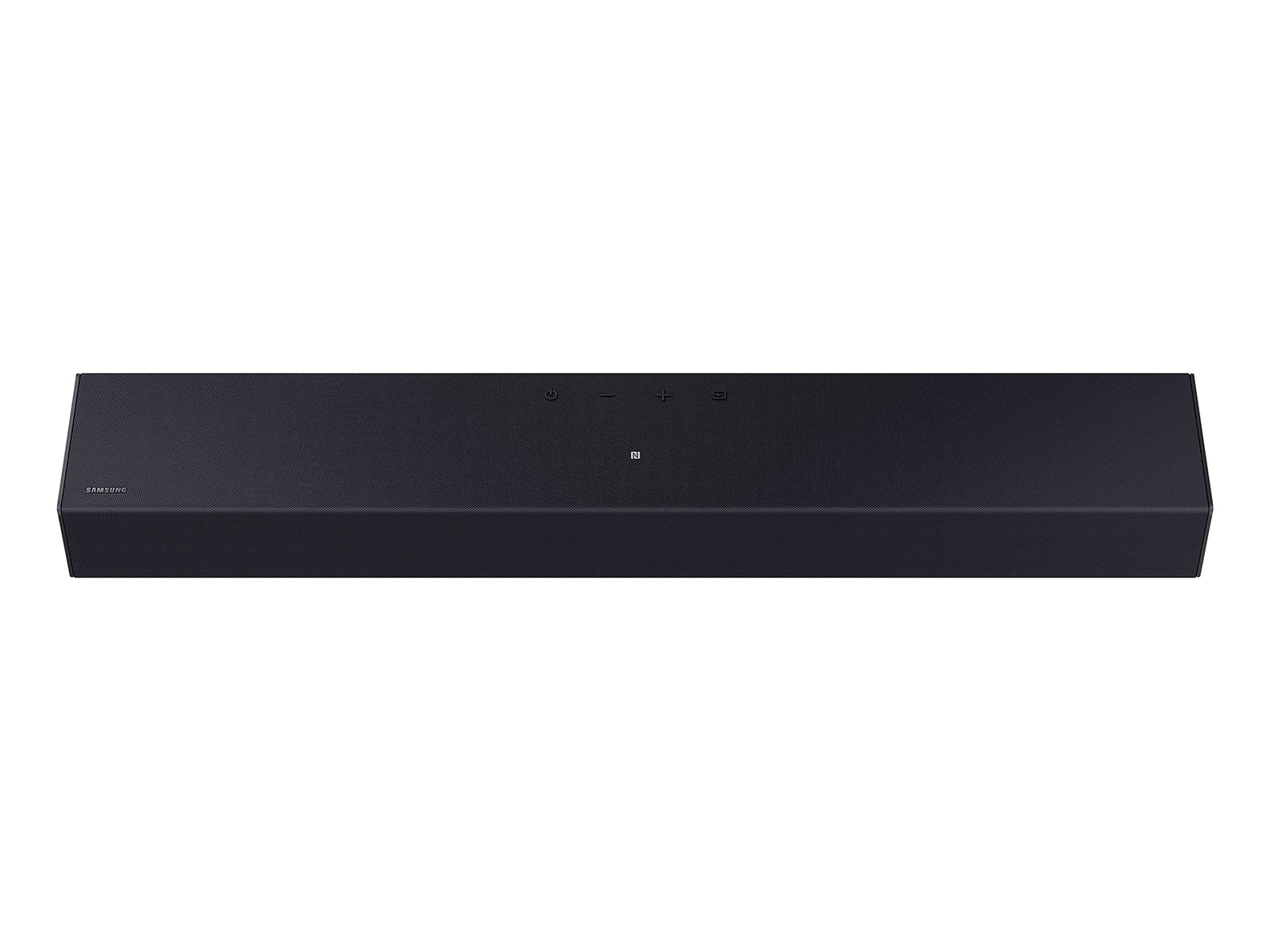Fekete soundbar. Felülnézet néhány gombbal középen.