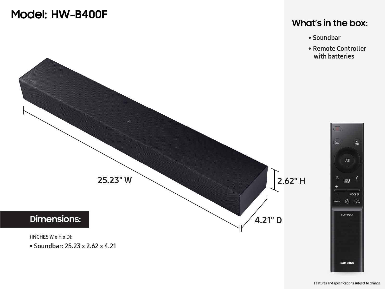 Fekete soundbar távirányítóval, méretek.