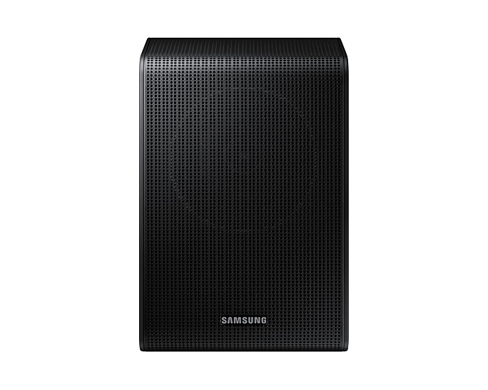 Einzelner schwarzer Samsung-Lautsprecher mit Gitterfront. Weißer Hintergrund.