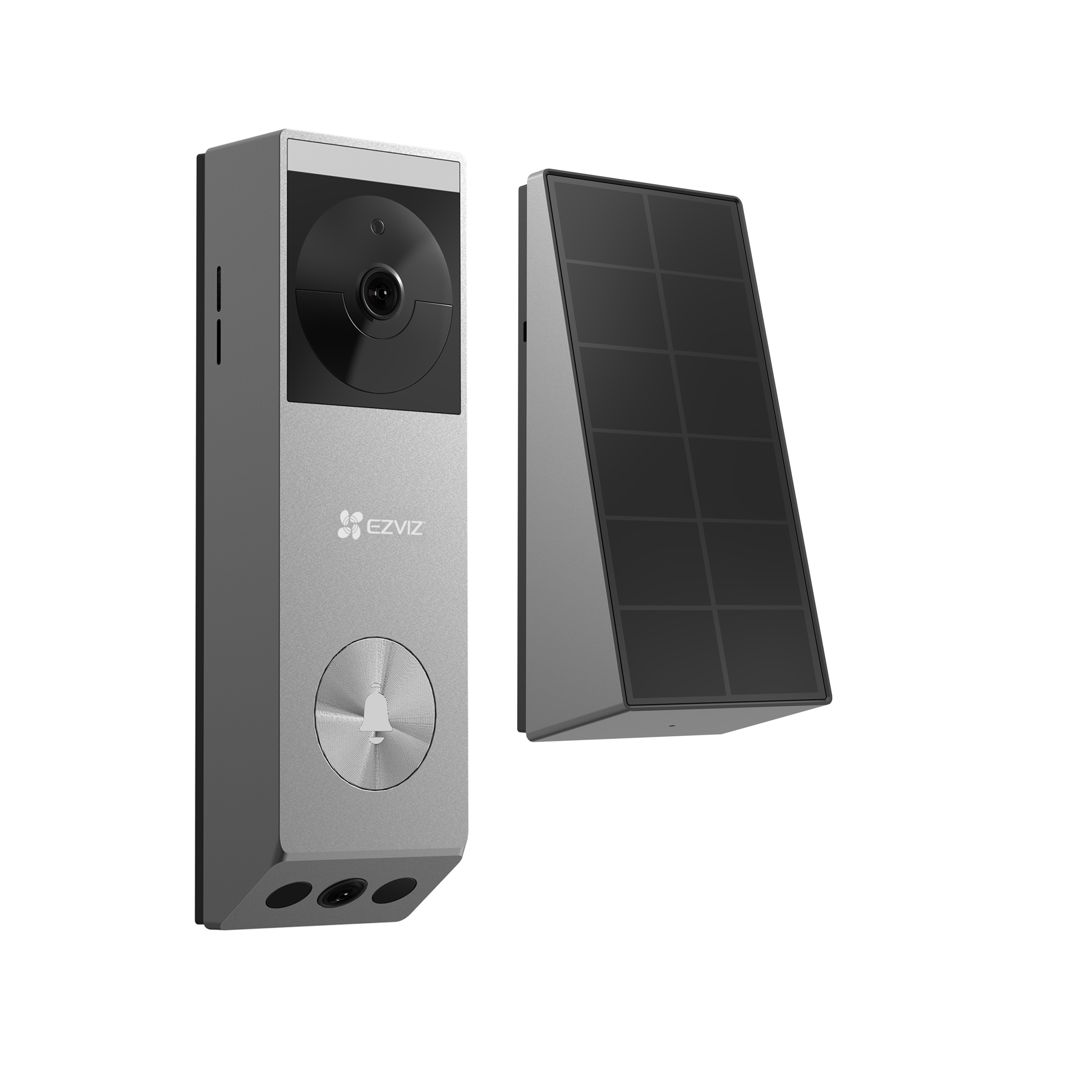 Eine silberne intelligente Türklingel und ein Solarpanel, isoliert auf Weiß. Die Türklingel hat eine Kamera und einen Knopf.