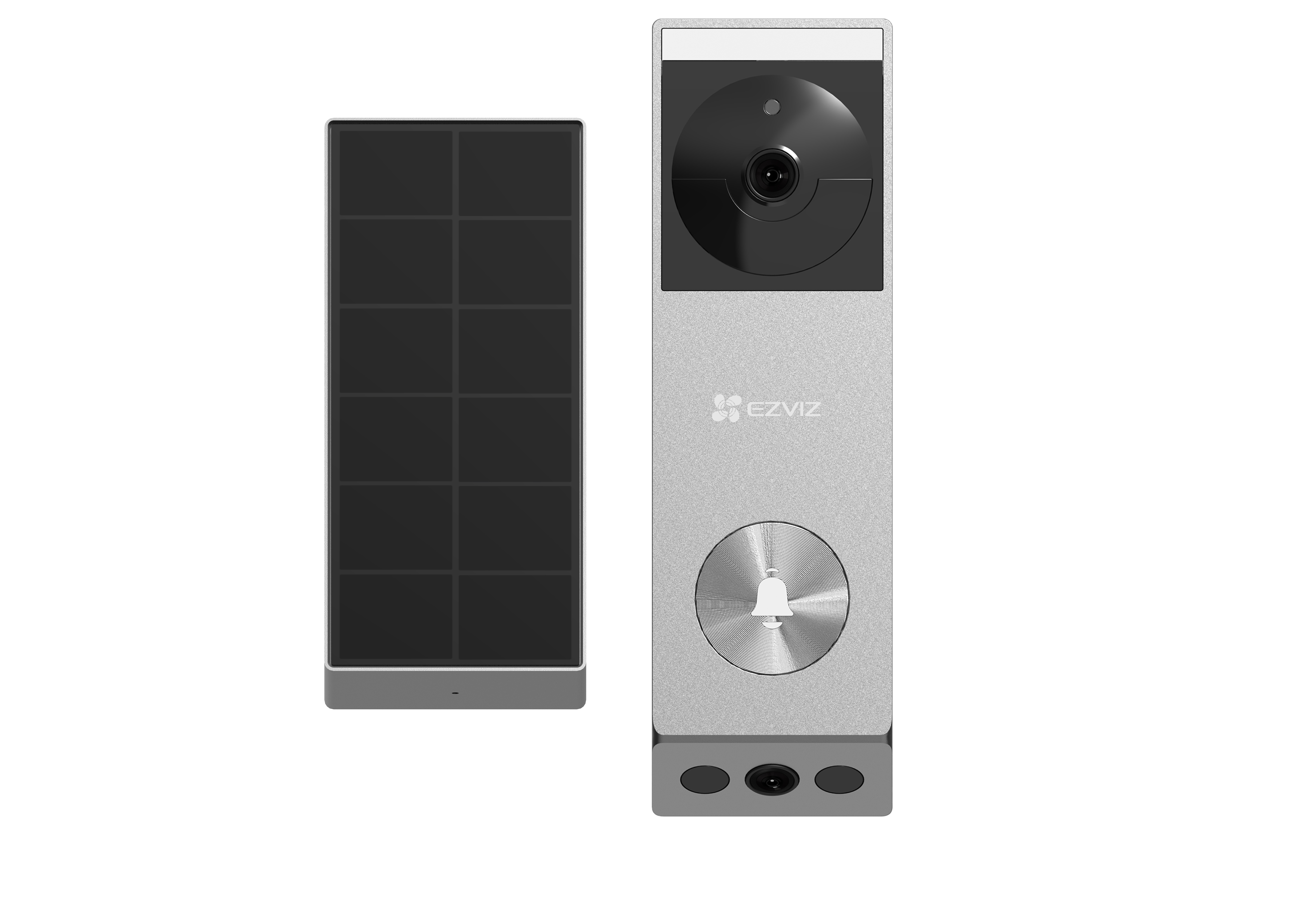 Eine silberne EZVIZ-Türklingel mit Solarpanel, beides auf weißem Hintergrund.