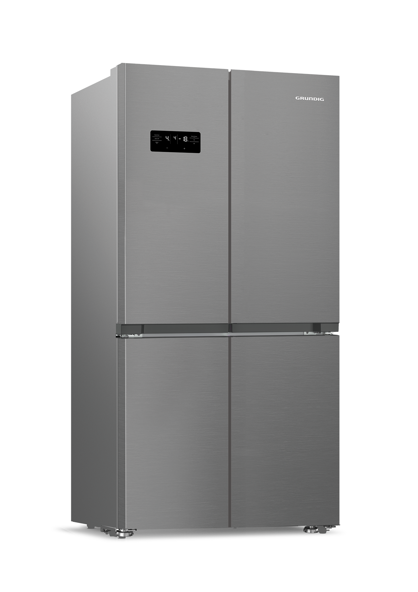 Dört kapılı ve dijital ekranlı gümüş renkli bir Grundig buzdolabı.