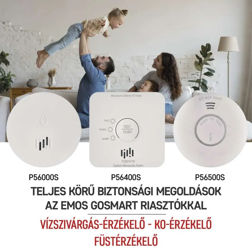 Egy családi jelenet három füstérzékelővel és szöveggel a biztonsági megoldásokról.