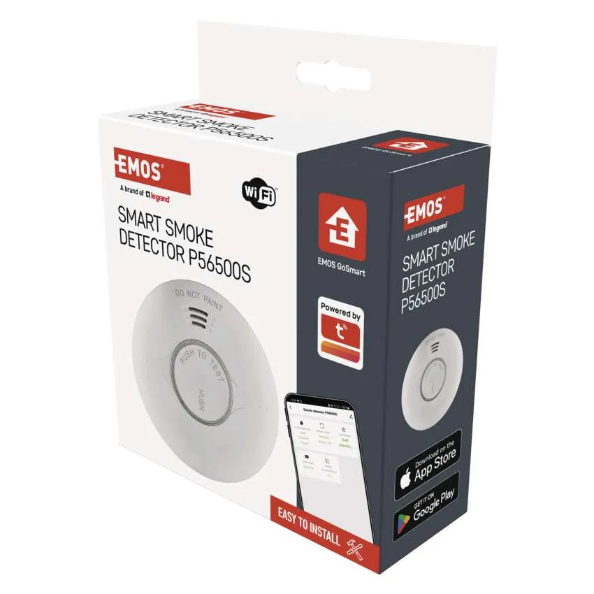 EMOS Smart füstérzékelő doboz. Van benne egy érzékelő, egy telefon applikációval és a 'Easy to install' felirat.