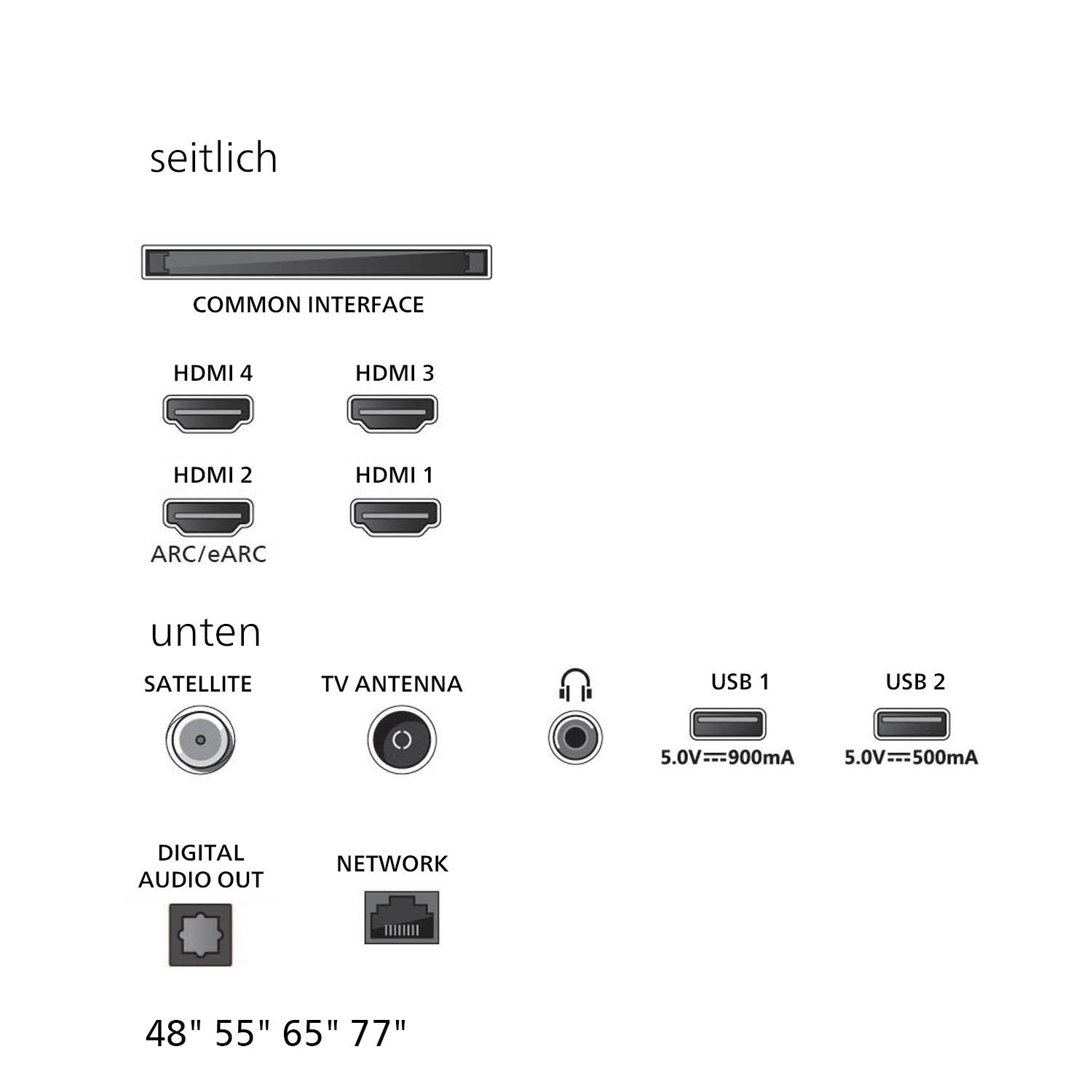TV-Anschlüsse: HDMI, USB und andere, auf weißem Hintergrund beschriftet.