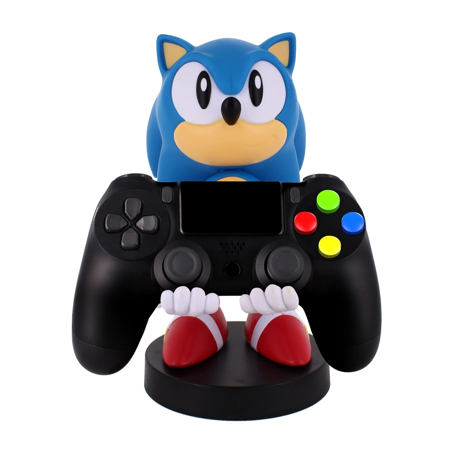 Supporto controller Sonic. Testa blu di Sonic sopra un controller nero.