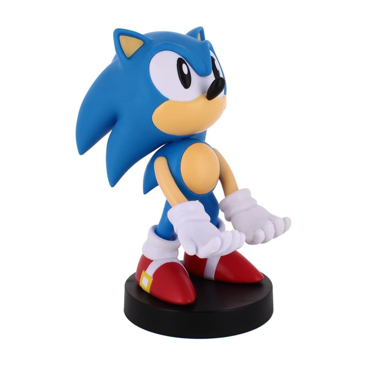 Statua di Sonic su un supporto. Riccio blu con guanti e scarpe bianche. Base nera.