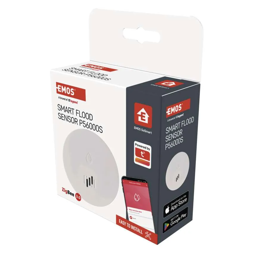 Doboz érzékelő képpel és telefonnal. Szöveg: Smart Flood Sensor. Könnyen telepíthető. ZigBee 3.0.