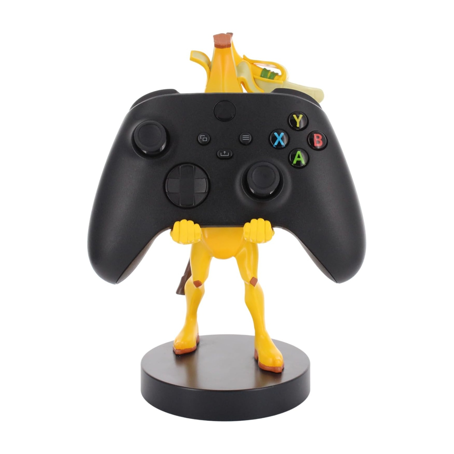 Figura di banana gialla che tiene un controller Xbox nero su un supporto nero.