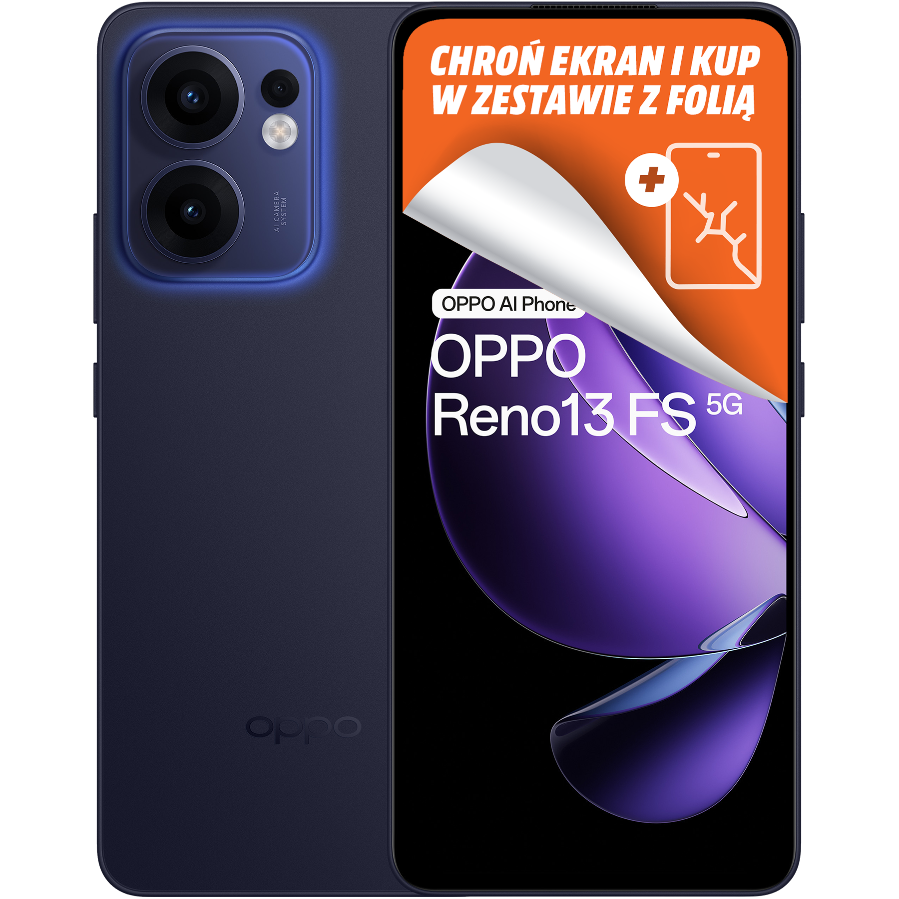 Ciemnoniebieski telefon OPPO, widok z tyłu z trzema kamerami. Ochraniacz ekranu i tekst są wyświetlane.