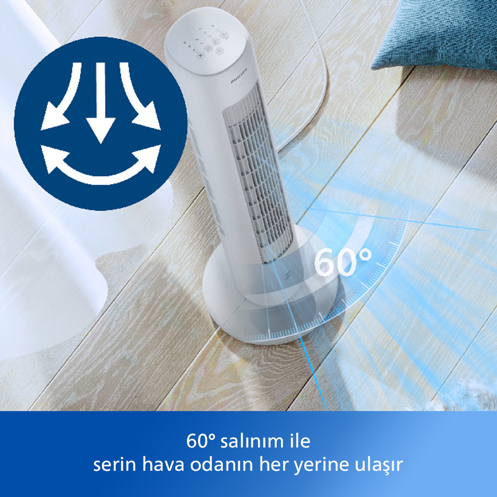 Ahşap zeminde beyaz kule fanı. Fan illüstrasyonu ve oklarla mavi daire. 60 derecelik yay.