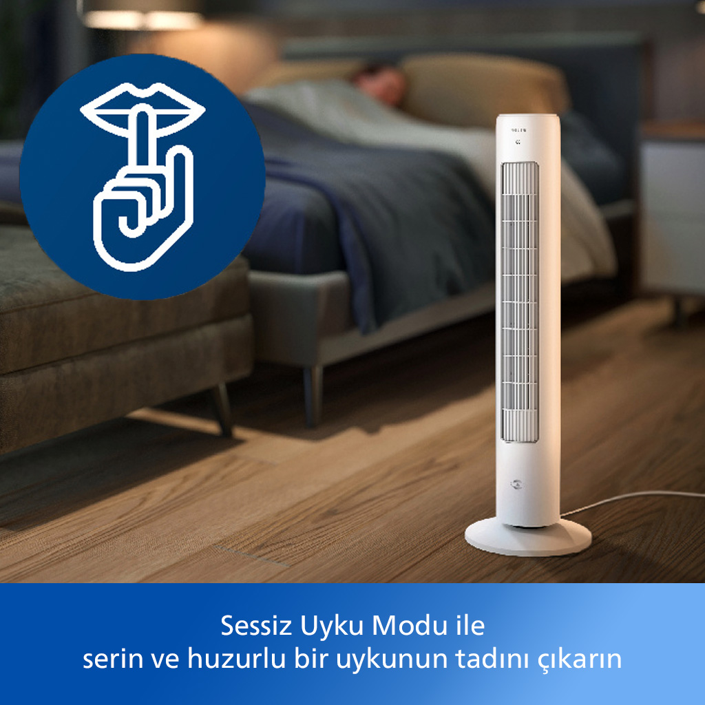 Beyaz kule fanı, arka planda uyuyan kişi ve mavi 'Sessiz Mod' simgesi.