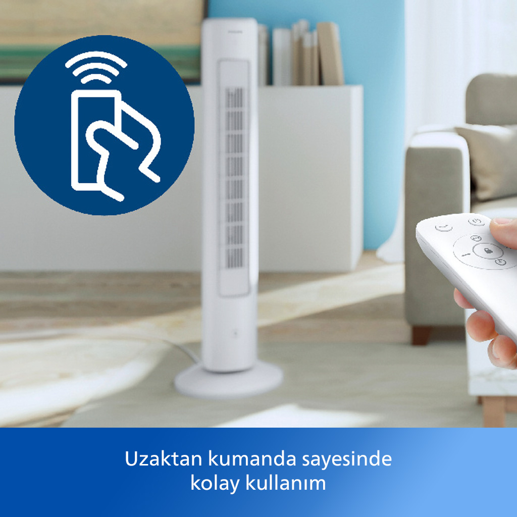 Uzaktan kumanda simgesi olan beyaz kule fanı. Uzaktan kumandayı tutan el. İkonlu mavi daire. Arka plan.