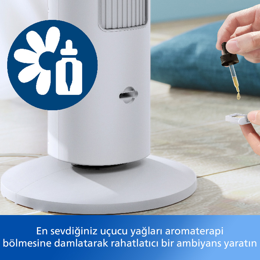 Mavi logolu beyaz bir fan ve sıvı damlaları ekleyen bir el.