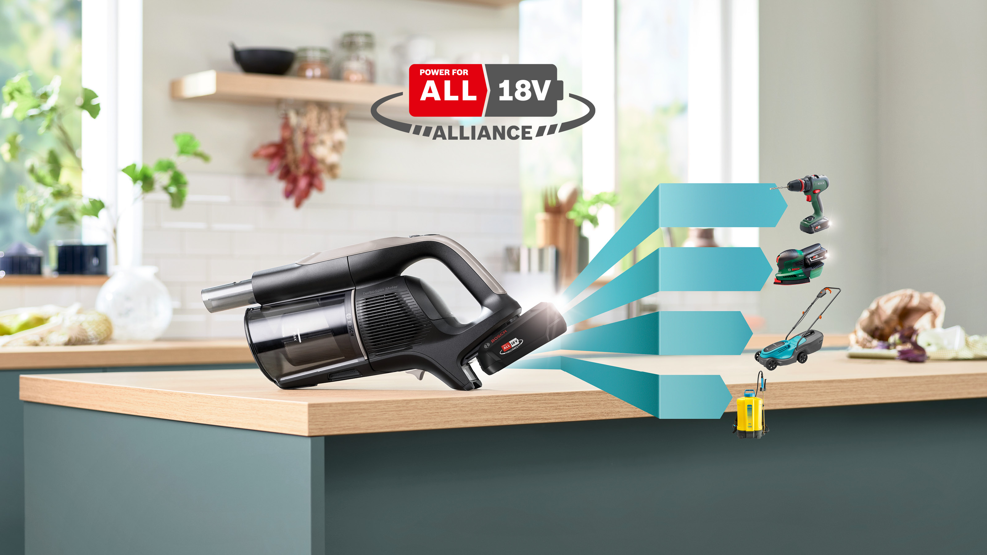 Staubsauger auf Küchenzeile, umgeben von anderen Werkzeugen. Power for all 18V Allianz.