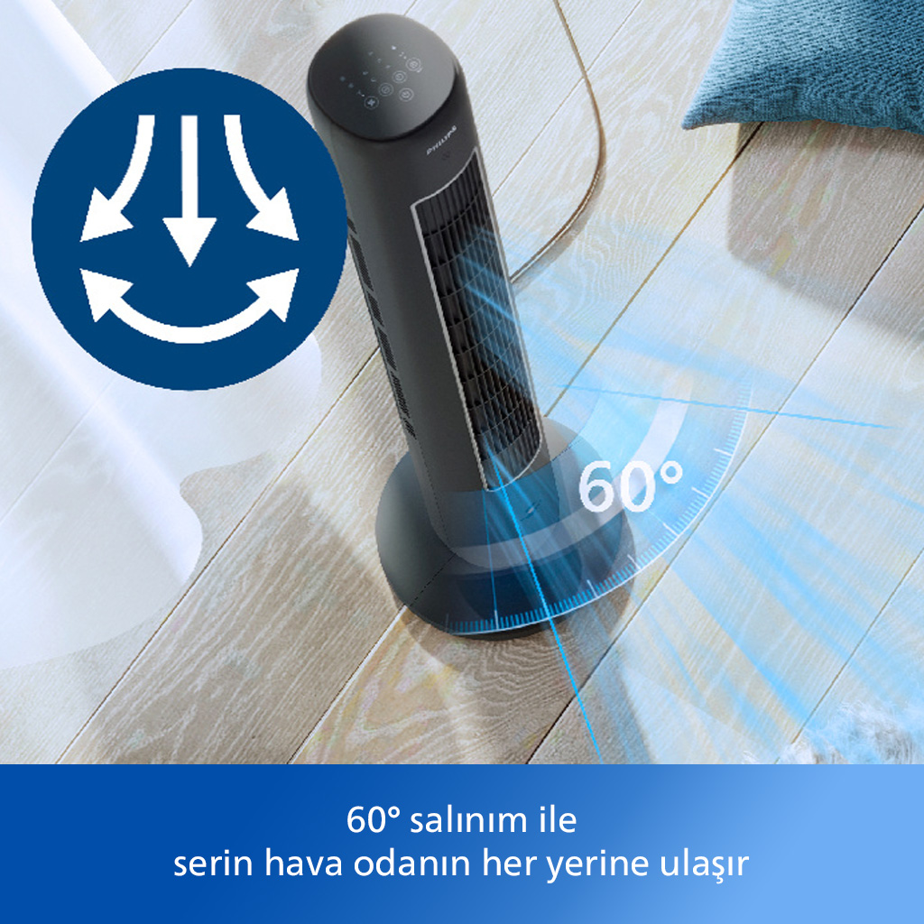 Uzun siyah fan. 60 derecelik salınım. Ahşap zemin. Hava akışı grafiği.