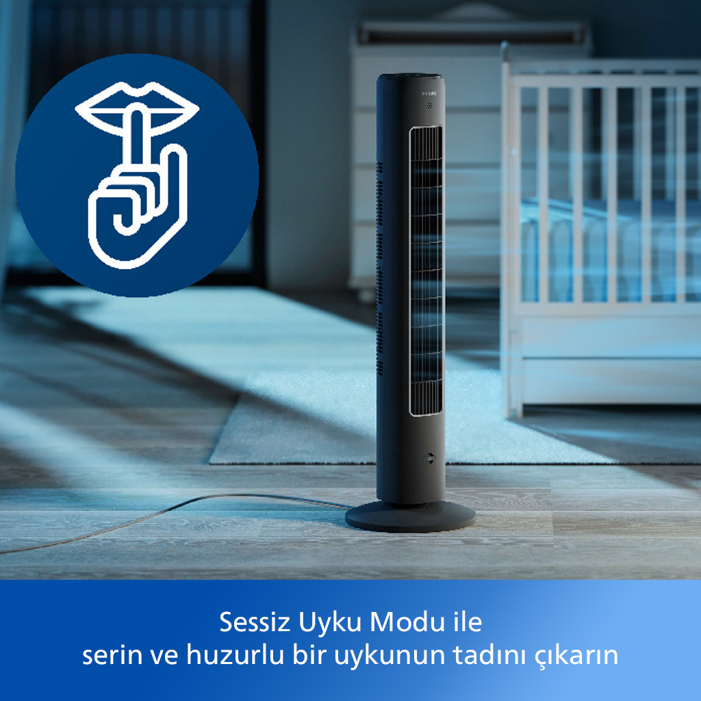 Yatak odasında siyah fan. Sessiz mod sembolü. Mavi grafik. Ahşap zemin.