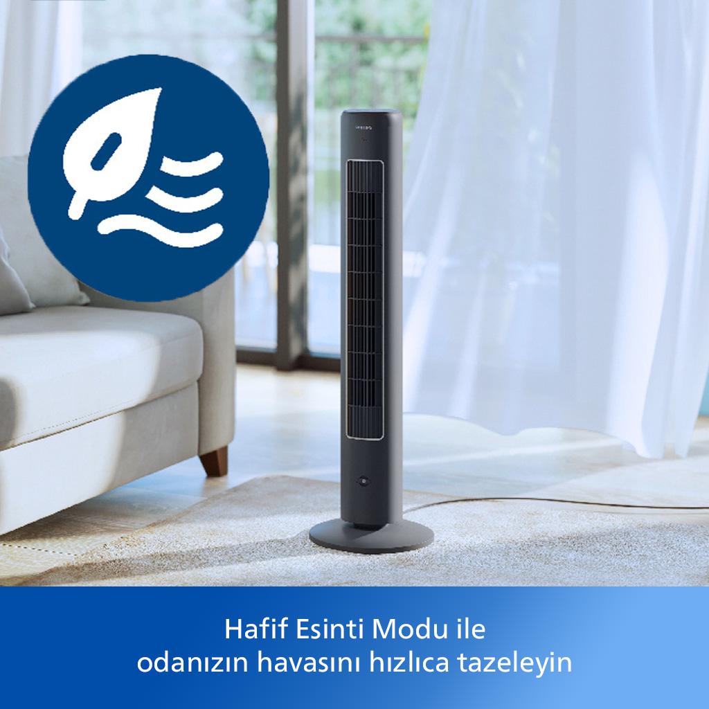 Mavi logolu koyu gri kule fan, açık renkli zeminde.