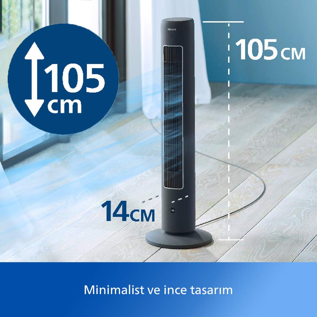 105cm yüksekliğinde ve 14cm genişliğinde koyu gri kule fan, ahşap zeminde.