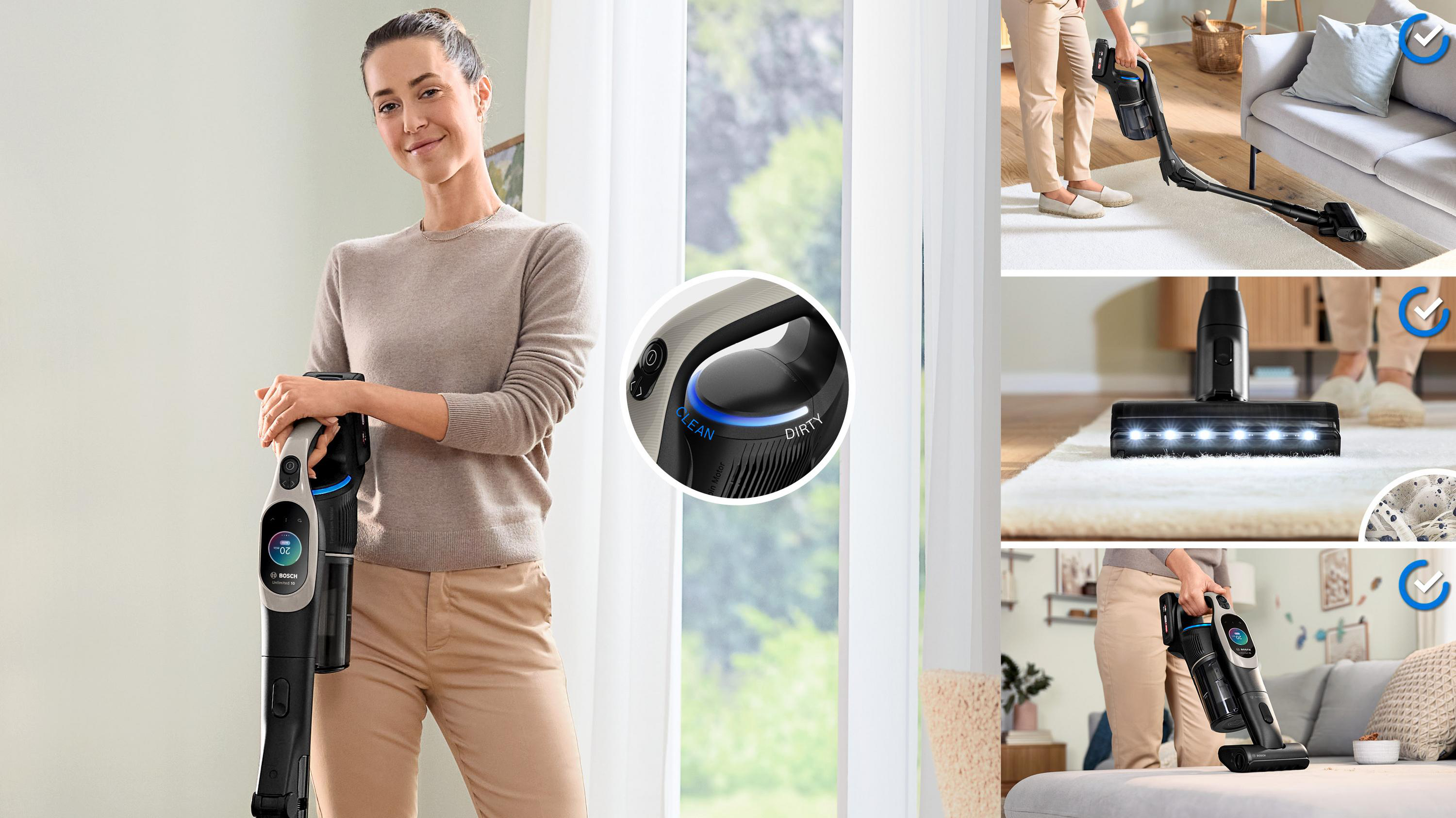 Eine Frau hält einen kabellosen Staubsauger mit digitaler Anzeige, mit anderen Bildern.