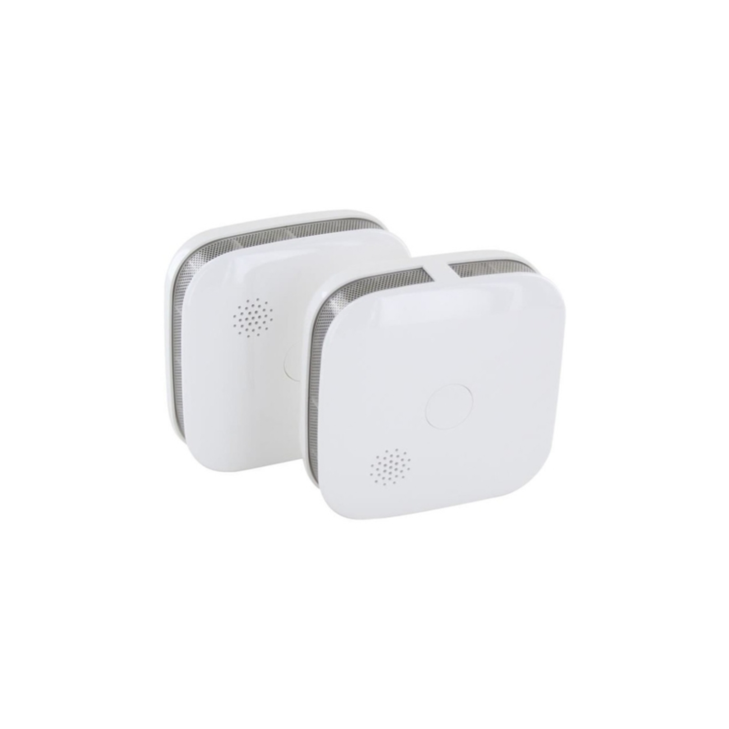Two white smoke detectors. Square shape, vents, and a button. White background. Angled view.