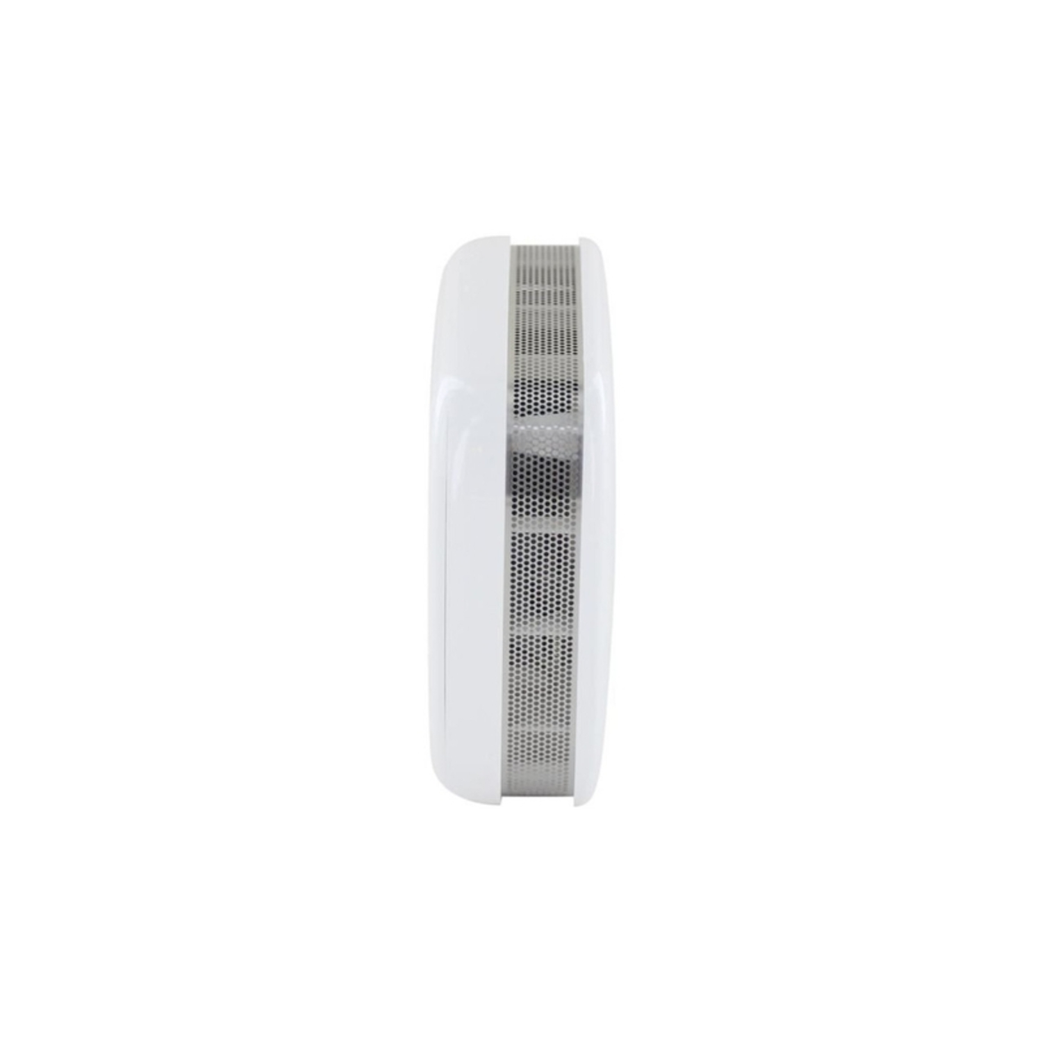 White smoke detector. Side view. Rectangular shape with vents. Set against a white background.