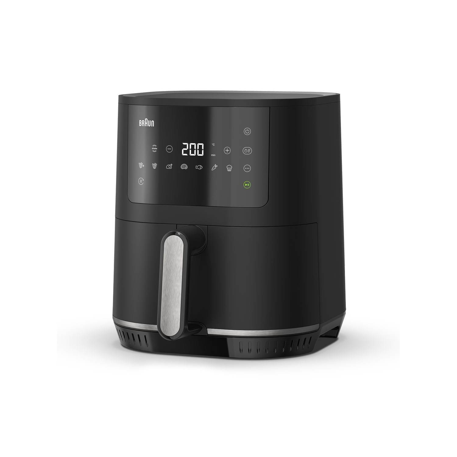 Zwarte airfryer. Digitaal display toont 200 graden. Zijdelingse handgreep. Zwarte achtergrond.