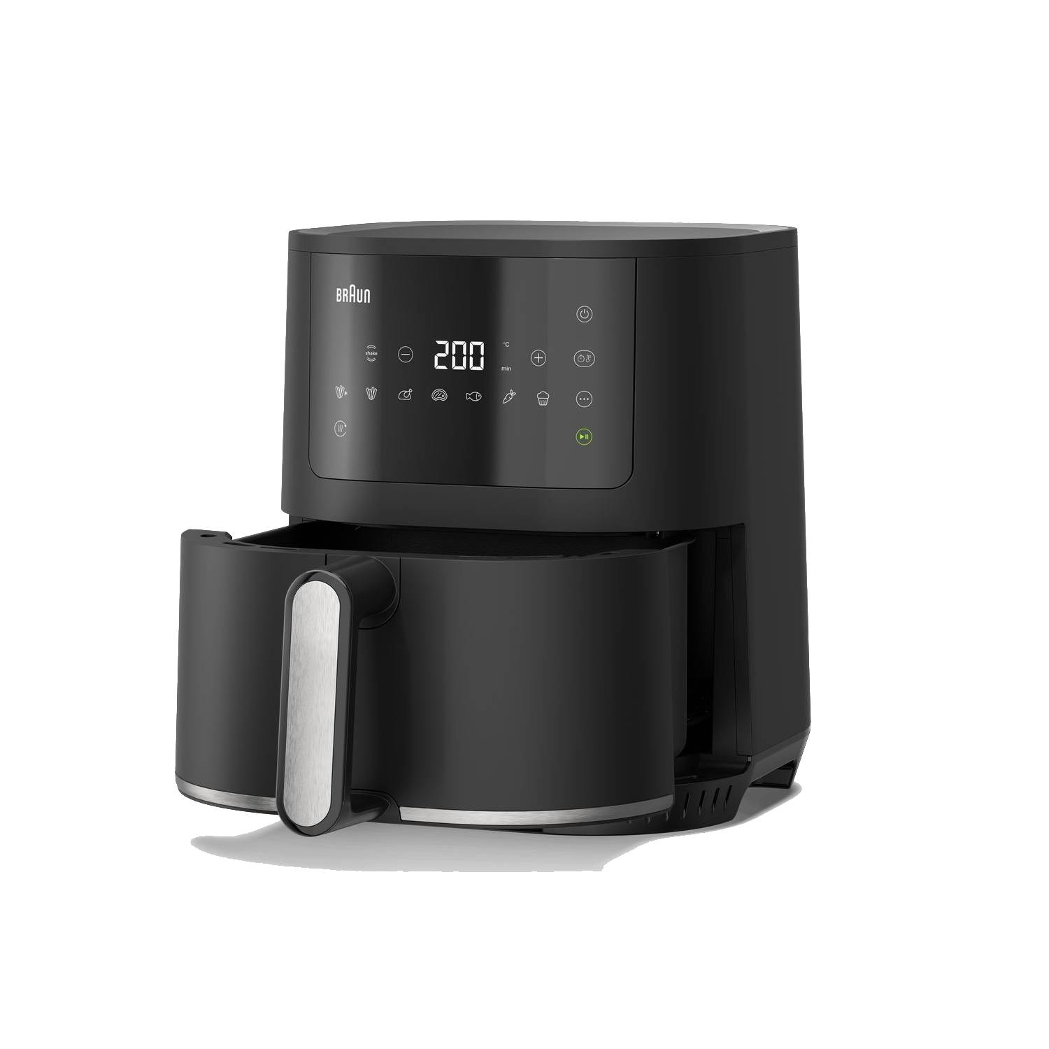 Zwarte airfryer met een open lade. Digitaal display toont 200 graden. Zwarte achtergrond.